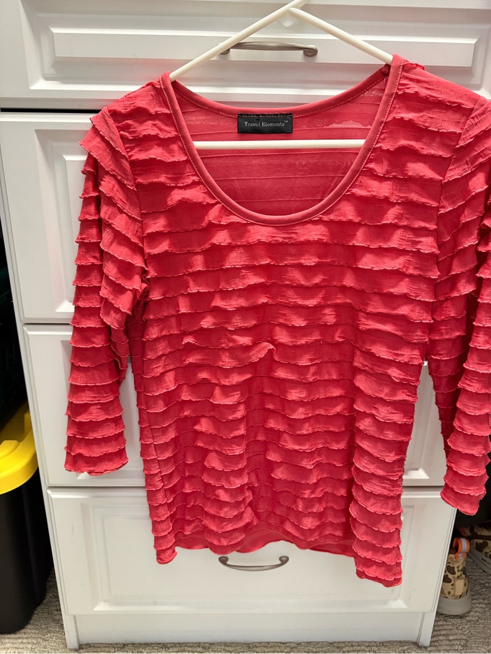 Travel Elements Coral Ruffle Long Sleeve Scoop Neck Top